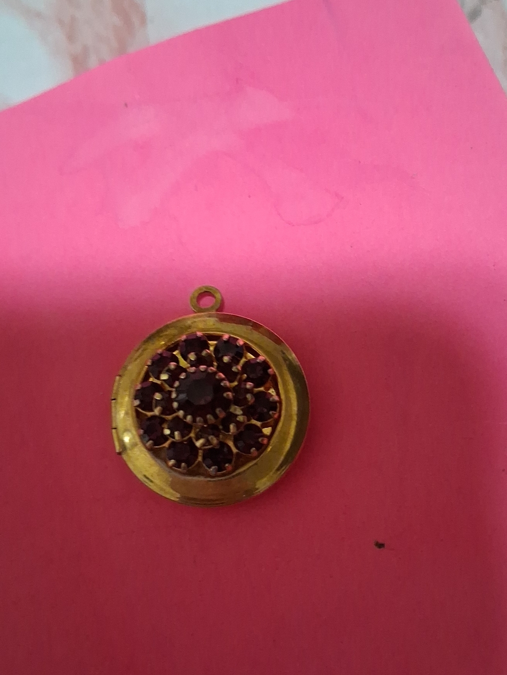 Source Unknown Gold-Tone Round Locket Pendant with Garnet-Colored Stones